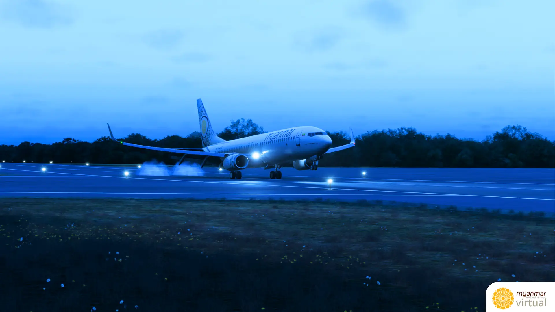 Background image: An MNA 737-800 touches down in the flight simulator